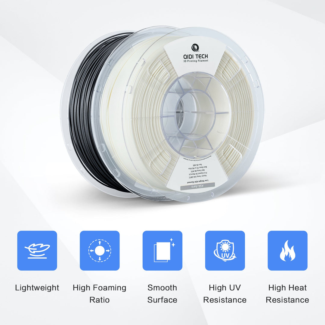 QIDI ASA-Aero filament spools with features: Lightweight, High Foaming Ratio, Smooth Surface