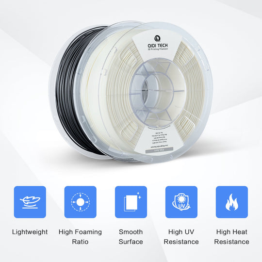 QIDI ASA-Aero filament spools with features: Lightweight, High Foaming Ratio, Smooth Surface