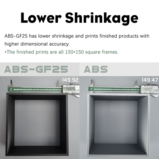 ABS-GF25 Filament vs ABS shrinkage comparison, showcasing accuracy