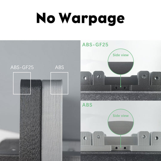 ABS-GF25 filament vs ABS, demonstrating no warpage