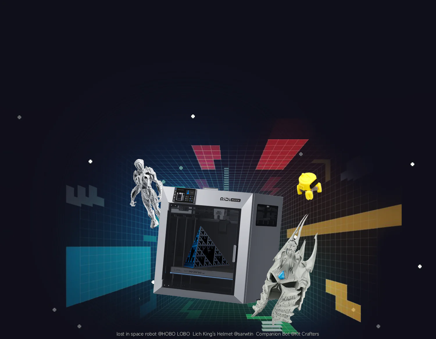 Ein QIDI-3D-Drucker, umgeben von schwebenden 3D-gedruckten Modellen, darunter ein Roboter, ein Helm und ein Fraktal, auf einem dunklen Gitter