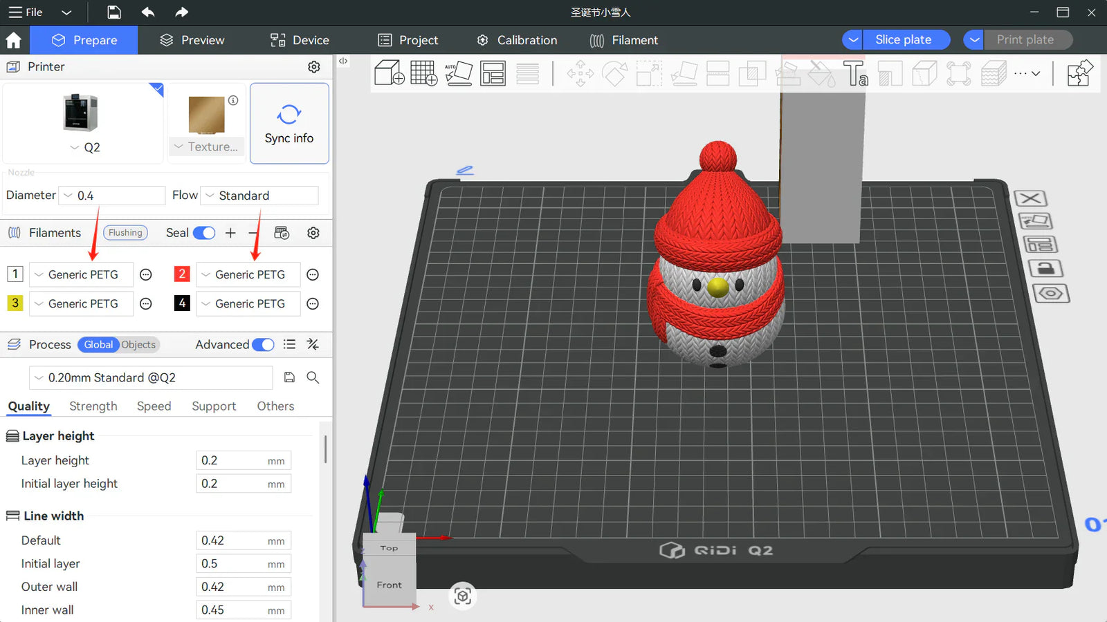 Eine Oberfläche einer 3D-Slicing-Software mit einem Schneemann-Modell auf der Bauplatte und Filamenteinstellungen mit der Anzeige „Generic PETG“.