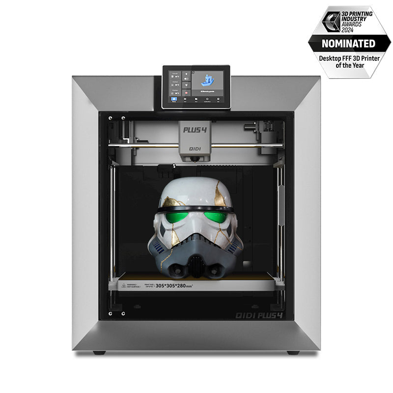 QIDI's PLUS 4 3D printer is printing a 3D model of a Star Wars-style stormtrooper helmet.
