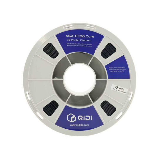 Perspektivische Ansicht einer Spule QIDI ASA-CF20 Core 3D-Drucker-Filament, bestehend aus mit 20 % Kurzcarbonfasern verstärktem ASA.